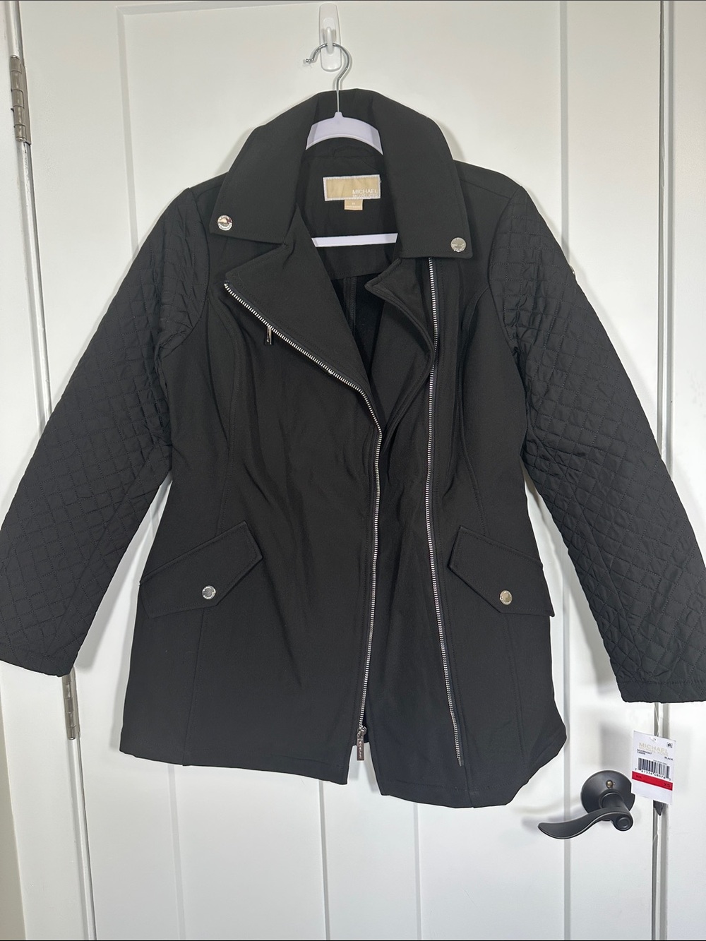 MICHAEL Michael Kors Black Quilted-Sleeve Moto Jacket